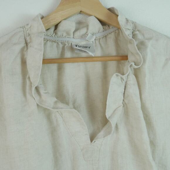 Finley Medium Top 100% Linen Short Sleeve Beige Ruffle Popover Relaxed Beachy - Picture 5 of 7